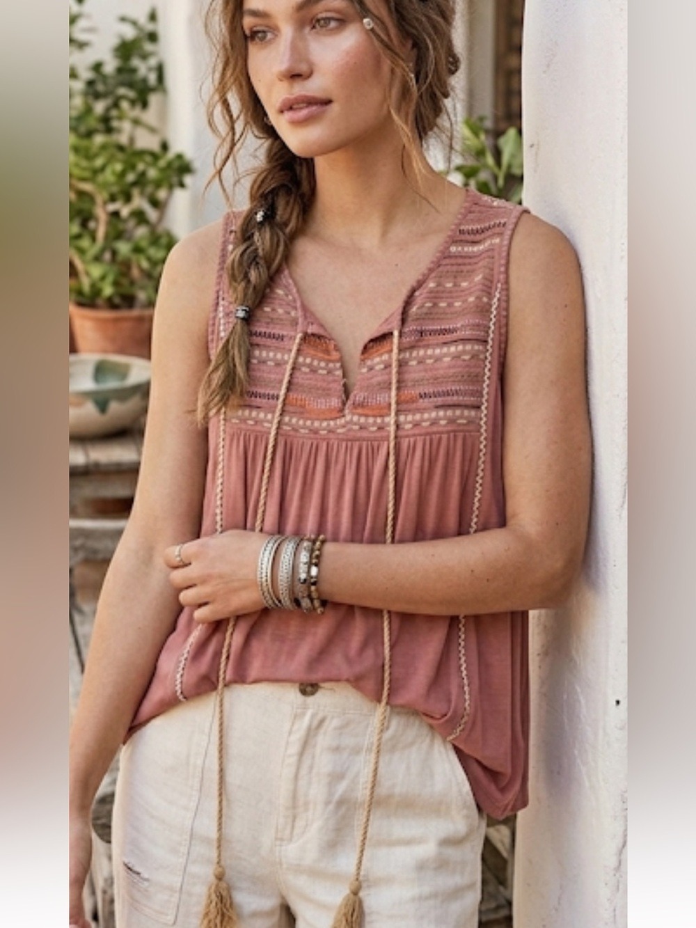 POL Dusky Rose Embroidered Sleeveless Top Tassel Tie Boho Lightweight Sz M